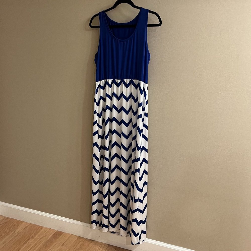 Maxi Dress, Beach Dress, Sleeveless Maxi Dress, Blue and White Chevron, Size XL